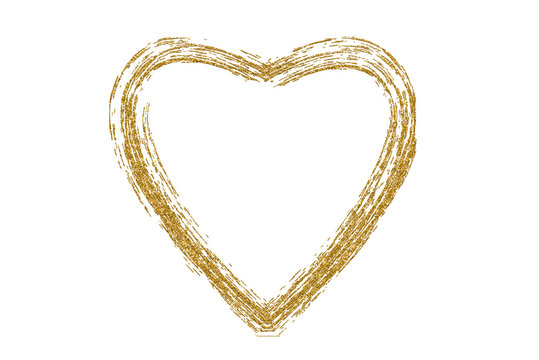 Golden hand drawn heart on white background. Heart print for fabric clothing decoration. Heart from gold glitter