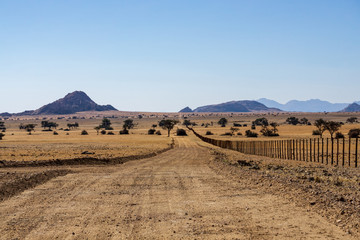 Wide angle view of gravel road next to a huge irrigated grape field and desert mountain southern Namibia