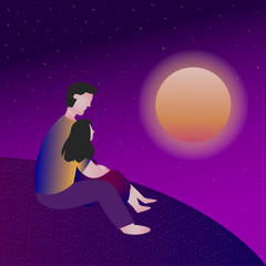 A couple, a man and a woman, sitting on the earth and looking in the sky space. Fututristic violet background. Vector Illustration.