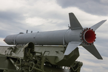 Rocket on the launcher, against the sky. Weapons of mass destruction, nuclear, atomic, chemical....