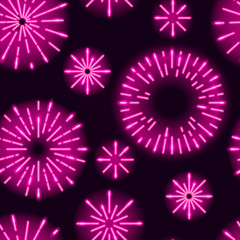 Seamless pattern with neon glowing sunbursts or fireworks on dark purple background. Vector 10 EPS illustration