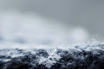 Snowflake on blue and copy space, selective focus