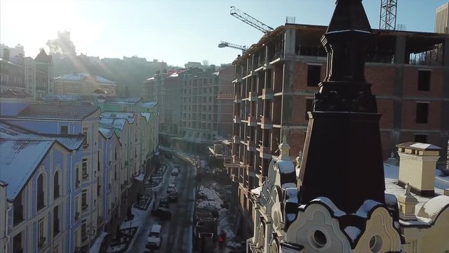 Aerial drone footage. Panorama of podil in kiev