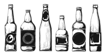Set of beer bottles. Vector illustration. Sketch.