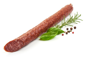 Salami Sausage Stick, close-up, isolated on white background