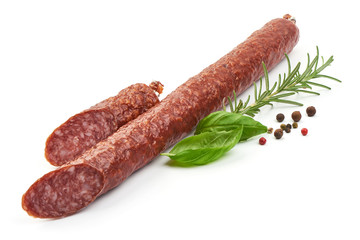 Salami Sausage Stick, close-up, isolated on white background