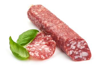 Smoked salami sausage, close-up, isolated on white background