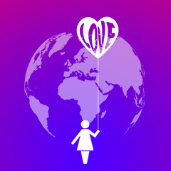 Planet Earth and icon of a woman holding a heart with the word love on bright purple background with stars.