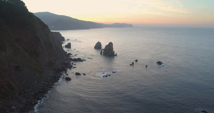 Aerial View Of San Juan De Gaztelugatxe coast in the Basque country Spain