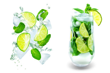 Mojito coctail  with fresh mint leaves and lime slice isolated