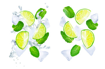 Flying Limes with ices and mint leaves on a white background