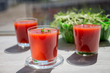 Red tomato juice in a glass, bright morning sun, healthy breakfast