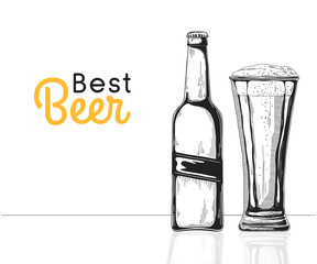 Bottle of beer. Glass with beer. Best beer. Vector illustration of a sketch style