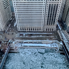 Aerial view of frozen chunks of ice on Chicago River