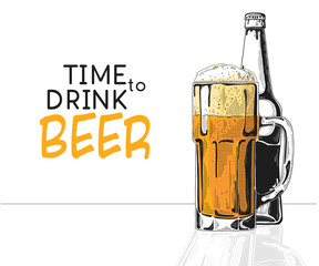 Bottle of beer. Glass with beer. Caption: time to drink beer. Vector illustration of a sketch style
