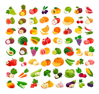 Set of fruits and vegetables. Fresh food, healthy eating concept. Vector illustration