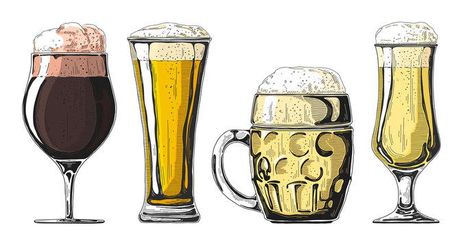 Set of different glasses with beer, different mugs of beer. Vector illustration of a sketch style