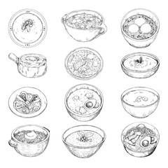 Set of different soups. Vector illustration in sketch style - 246477216