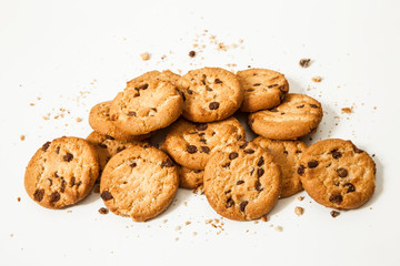 Chocolate chip cookies isolated on white background. Sweet biscuits. Homemade pastry