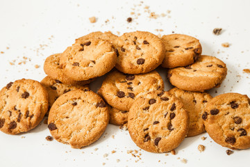Chocolate chip cookies isolated on white background. Sweet biscuits. Homemade pastry