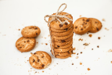 Chocolate chip cookies isolated on white background. Sweet biscuits. Homemade pastry