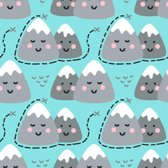 Cute seamless pattern with Kawaii Mountains and travel map