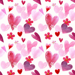 Fototapeta na wymiar Seamless pattern with hearts and flowers on white background Watercolor illustration