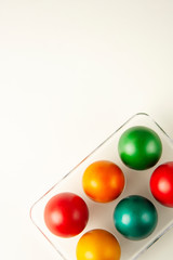 Painted easter eggs. Colorful eggs isolated, copy space. Spring easter holiday. Copy space. Greeting card.