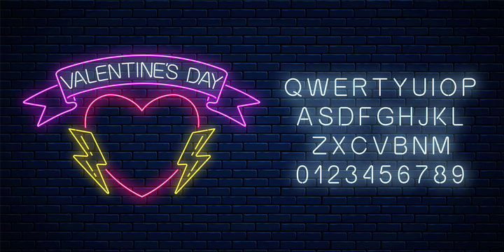 Glowing Neon Valentines Day Sign With Heart Shape With Award Ribbon, Lightnings And Alphabet Valentine Day Greeting Card