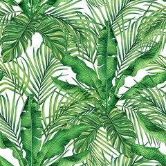 Watercolor painting coconut,banana,palm leaf,green leave seamless pattern background.Watercolor hand drawn illustration tropical exotic leaf prints for wallpaper,textile Hawaii aloha jungle style.