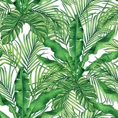 Behang Aquarel schilderij kokos, banaan, palmblad, groen verlof naadloze patroon achtergrond. Aquarel hand getekende illustratie tropische exotische blad wordt afgedrukt voor behang, textiel Hawaii aloha jungle stijl. © nongnuch_l