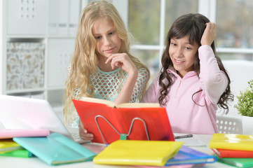 Portrait of girls doing lessons at home