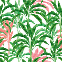 Watercolor painting green,pink,banana leaves seamless pattern on white background.Watercolor hand drawn illustration palm leaf,tree tropical exotic leaf for wallpaper textile vintage Hawaii style.