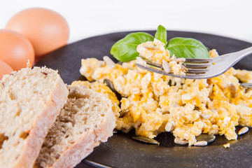 Scrambled eggs with sunflower and pumpkin seeds, some fresh eggs and wholemeal bread, eaten with a fork, decorated with basil, on a white background