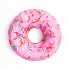 Colorful donut decorated with sprinkles isolated on white background. Flat lay. Top view