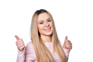 beautiful blonde woman posing on white background