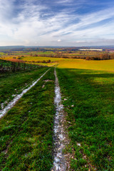 A frozen caterpillar track in the River Dove valley near Combridge and Rocester in Staffordshire