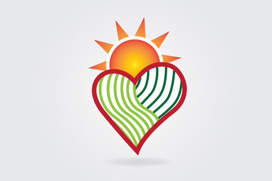 Logo sun and green agriculture love heart shape