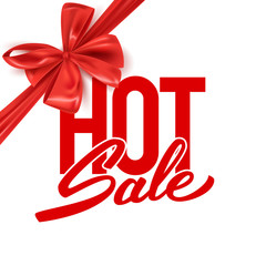 Hot sale advertisement banner, red decorative bow, vector illustration
