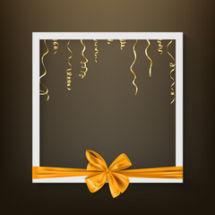 Decorative frame with realistic gold ribbon bow, holiday background template, vector illustration