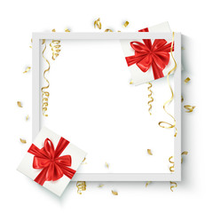 Holiday festive background template, gift boxes and confetti composition frame, birthday, valentine, christmas, vector illustration