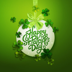 Happy Saint Patrick's day decorative tag with green bow, vector illustration