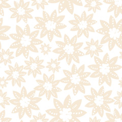 Pretty hand drawn modern floral in a subtle seamless background pattern. Vector. Light in color, white and beige. Great for wedding announcements, stationery, website backgrounds, paper and textiles.