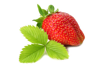 Strawberry with green leaf isolated on white background. Healthy food.