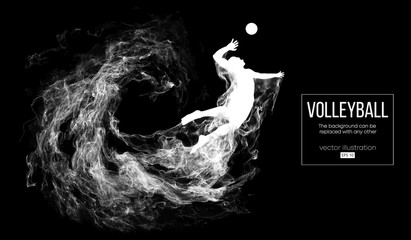 Abstract silhouette of a volleyball player man on dark, black background from particles. Volleyball player is jumping and kicks the ball. Background can be changed to any other. Vector illustration
