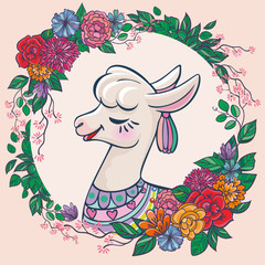 Beautiful llama, alpaca portrait with flowers frame. Vector, sketch, outline, cartoon Illustration