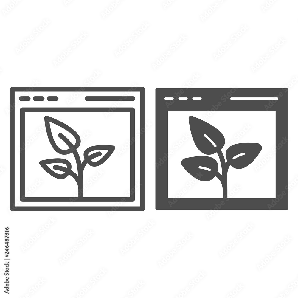 Poster browser with leaf line and glyph icon. web window and plant vector illustration isolated on white. c