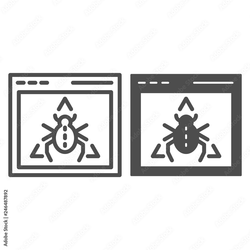 Poster window bug line and glyph icon. website virus vector illustration isolated on white. software with b