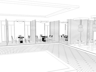 chinese restaurant, sushi bar, contour visualization, 3D illustration, sketch, outline