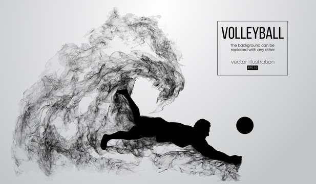 Abstract silhouette of a volleyball player man on white background from particles. Volleyball player is jumping and kicks the ball. Background can be changed to any other. Vector illustration